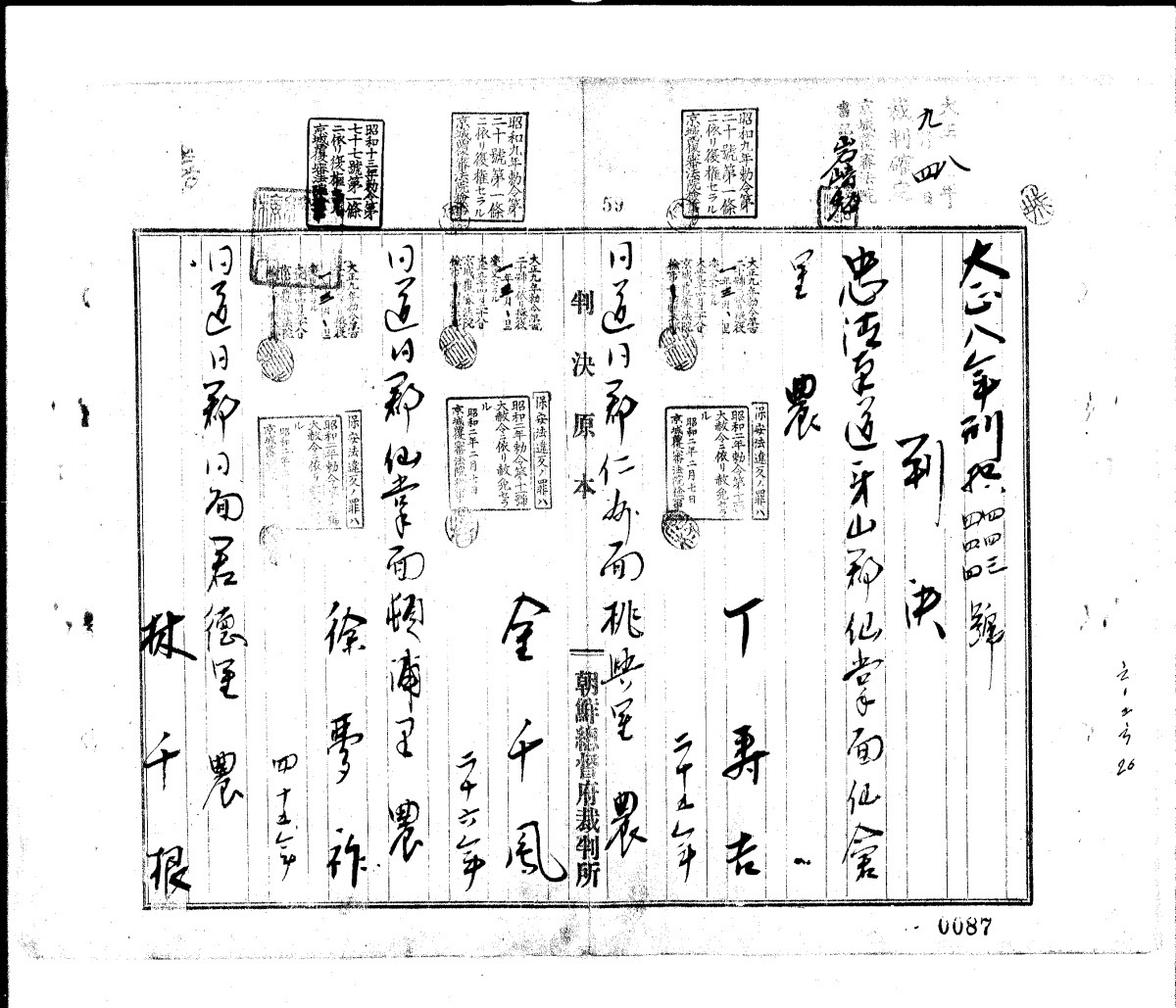 아산 선장 만세운동을 이끈 정수길 임천근 서몽조 오상근 김천봉 5명에 대한 1919년 6월 26일 경성복심법원 판결문.