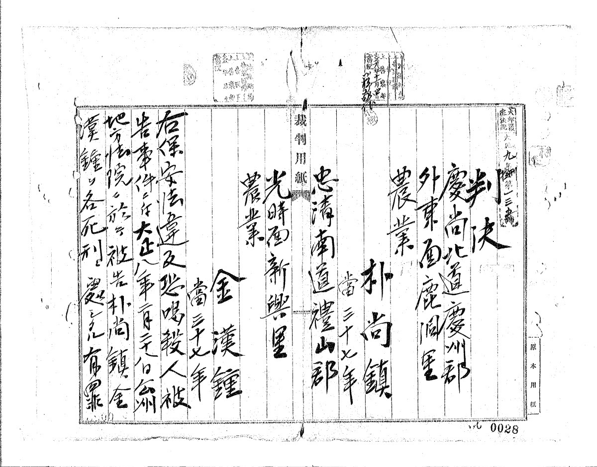 1920년 9월 11일 대한광복회 총사령 박상진과 충청지부장 김한종에게 사형을 선고한 대구복심법원의 판결문.