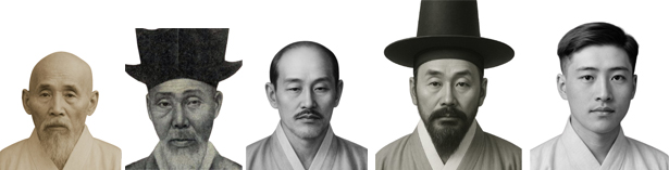 김원묵(독립유공자)(왼쪽), 이재덕(징역 1년) , 유중협(독립유공자), 유창순(징역 10년), 장두환(징역7년 옥중사망)