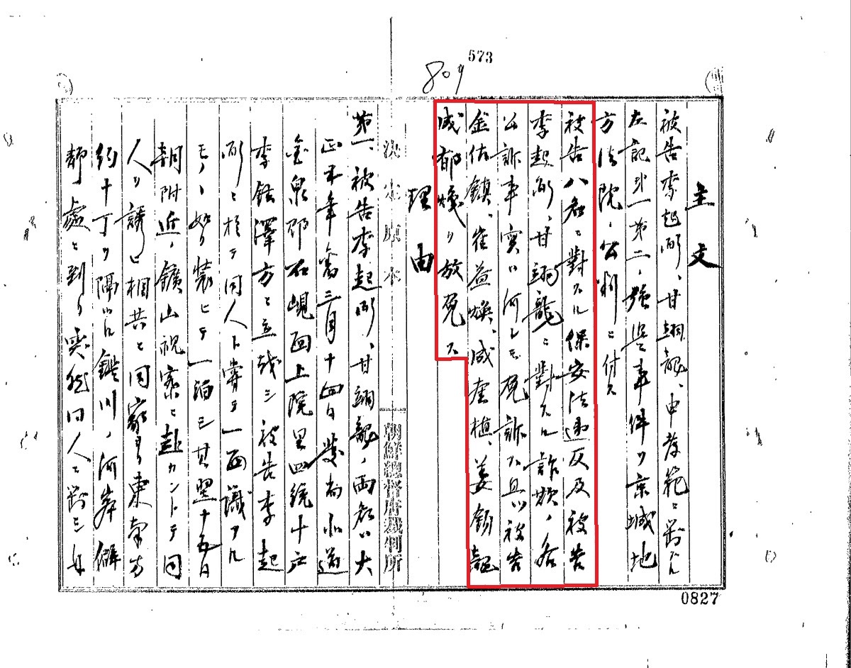 김좌진 등 5명은 증거불충분으로 석방됐다.