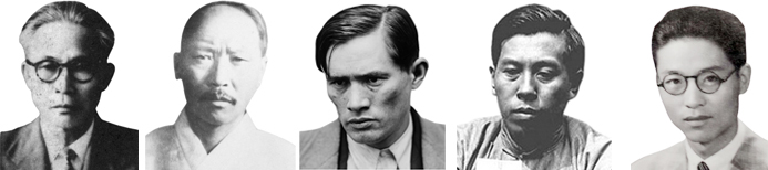 정화암(왼쪽), 최석영, 백정기, 이강훈, 유기석. 사진=독립기념관